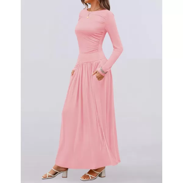 imageZESICA Womens Long Sleeve Maxi Dress 2024 Fall Crewneck Knit Casual Slim Swing Pleated Dresses with PocketsPink