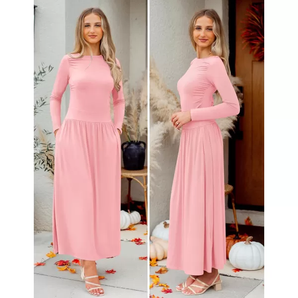 imageZESICA Womens Long Sleeve Maxi Dress 2024 Fall Crewneck Knit Casual Slim Swing Pleated Dresses with PocketsPink