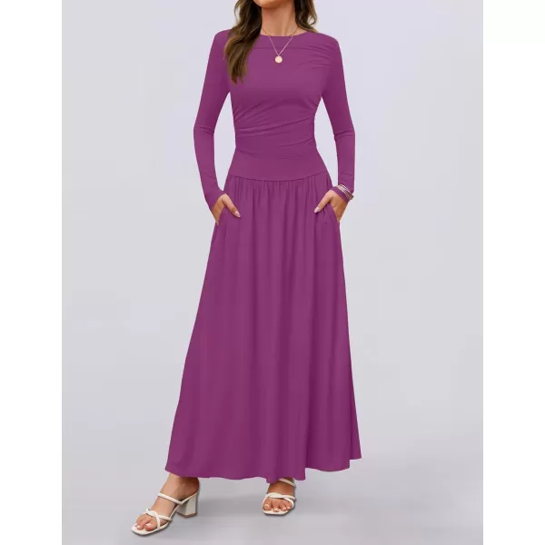 imageZESICA Womens Long Sleeve Maxi Dress 2024 Fall Crewneck Knit Casual Slim Swing Pleated Dresses with PocketsPlum