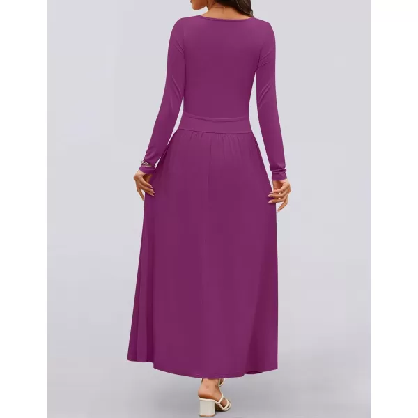 imageZESICA Womens Long Sleeve Maxi Dress 2024 Fall Crewneck Knit Casual Slim Swing Pleated Dresses with PocketsPlum