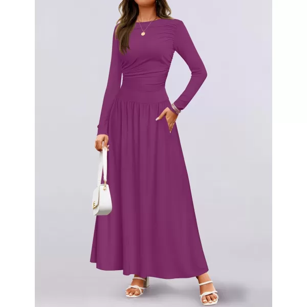 imageZESICA Womens Long Sleeve Maxi Dress 2024 Fall Crewneck Knit Casual Slim Swing Pleated Dresses with PocketsPlum
