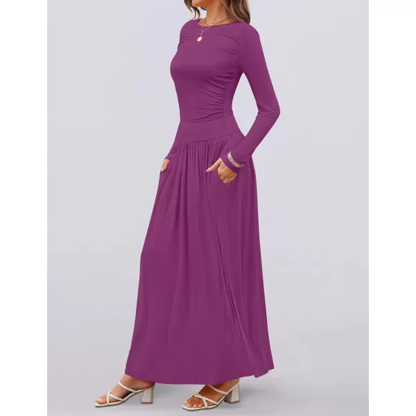 imageZESICA Womens Long Sleeve Maxi Dress 2024 Fall Crewneck Knit Casual Slim Swing Pleated Dresses with PocketsPlum