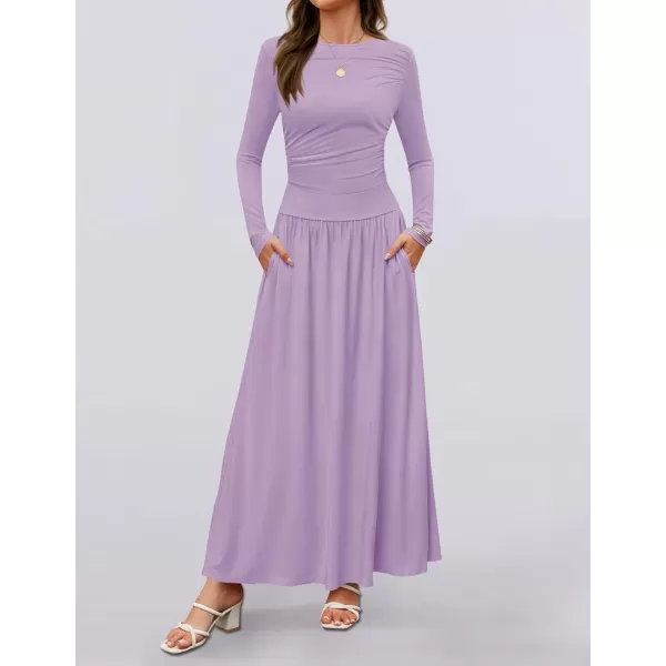 imageZESICA Womens Long Sleeve Maxi Dress 2024 Fall Crewneck Knit Casual Slim Swing Pleated Dresses with PocketsPurple