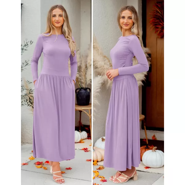 imageZESICA Womens Long Sleeve Maxi Dress 2024 Fall Crewneck Knit Casual Slim Swing Pleated Dresses with PocketsPurple