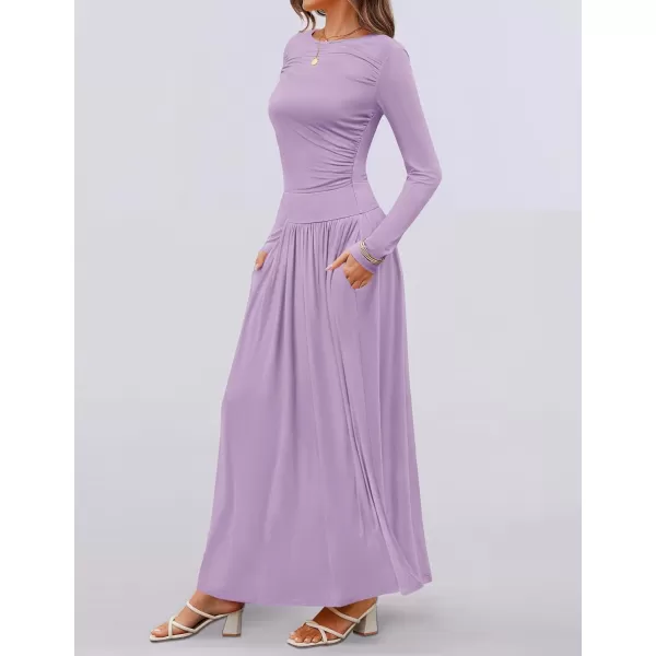 imageZESICA Womens Long Sleeve Maxi Dress 2024 Fall Crewneck Knit Casual Slim Swing Pleated Dresses with PocketsPurple