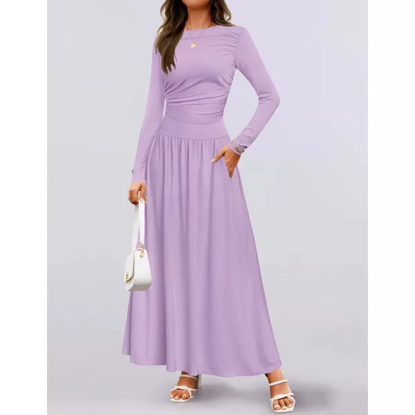 imageZESICA Womens Long Sleeve Maxi Dress 2024 Fall Crewneck Knit Casual Slim Swing Pleated Dresses with PocketsPurple