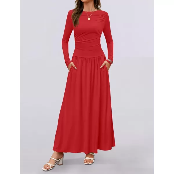 imageZESICA Womens Long Sleeve Maxi Dress 2024 Fall Crewneck Knit Casual Slim Swing Pleated Dresses with PocketsRed