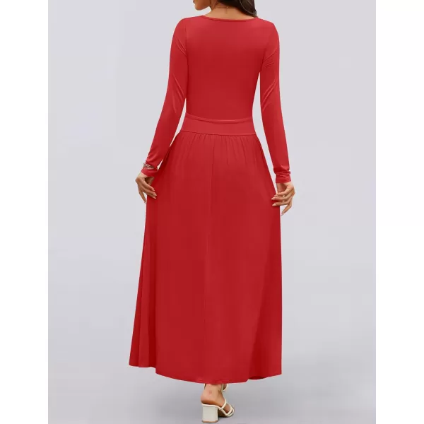 imageZESICA Womens Long Sleeve Maxi Dress 2024 Fall Crewneck Knit Casual Slim Swing Pleated Dresses with PocketsRed