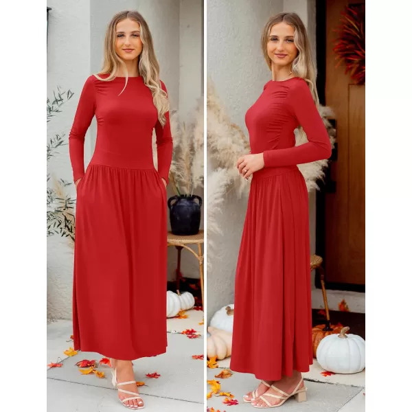 imageZESICA Womens Long Sleeve Maxi Dress 2024 Fall Crewneck Knit Casual Slim Swing Pleated Dresses with PocketsRed