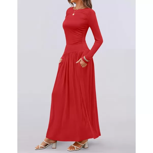 imageZESICA Womens Long Sleeve Maxi Dress 2024 Fall Crewneck Knit Casual Slim Swing Pleated Dresses with PocketsRed