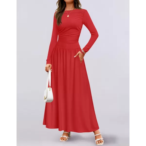 imageZESICA Womens Long Sleeve Maxi Dress 2024 Fall Crewneck Knit Casual Slim Swing Pleated Dresses with PocketsRed