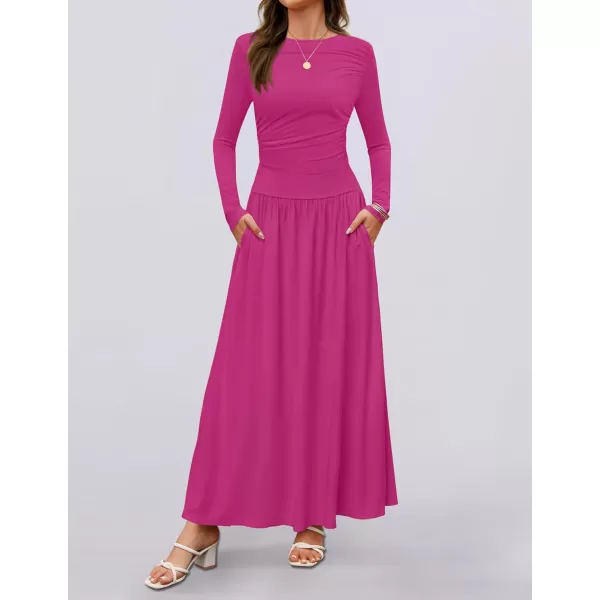 imageZESICA Womens Long Sleeve Maxi Dress 2024 Fall Crewneck Knit Casual Slim Swing Pleated Dresses with PocketsRose