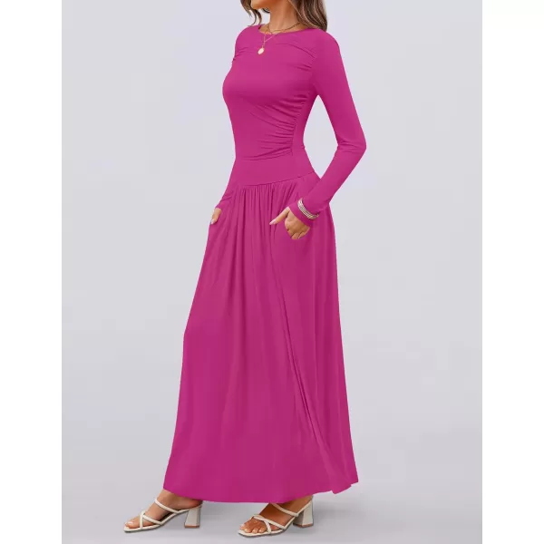 imageZESICA Womens Long Sleeve Maxi Dress 2024 Fall Crewneck Knit Casual Slim Swing Pleated Dresses with PocketsRose