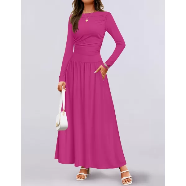 imageZESICA Womens Long Sleeve Maxi Dress 2024 Fall Crewneck Knit Casual Slim Swing Pleated Dresses with PocketsRose