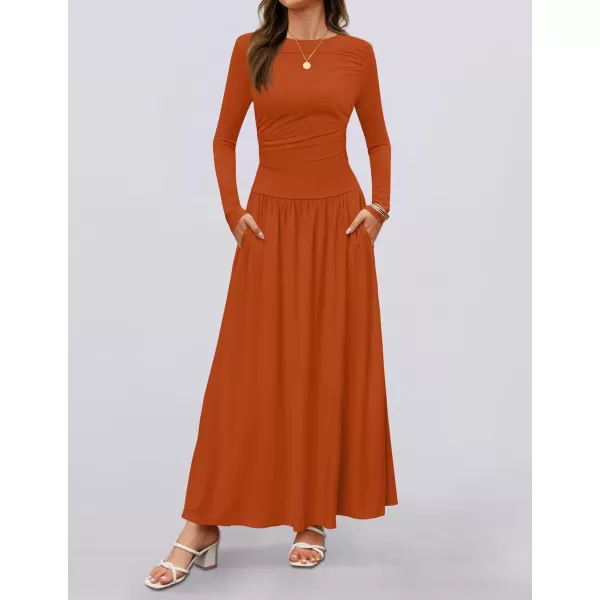 imageZESICA Womens Long Sleeve Maxi Dress 2024 Fall Crewneck Knit Casual Slim Swing Pleated Dresses with PocketsRust