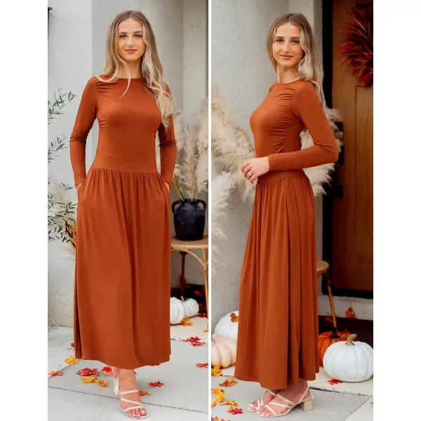 imageZESICA Womens Long Sleeve Maxi Dress 2024 Fall Crewneck Knit Casual Slim Swing Pleated Dresses with PocketsRust