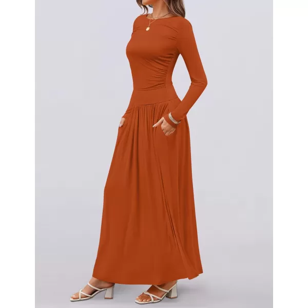 imageZESICA Womens Long Sleeve Maxi Dress 2024 Fall Crewneck Knit Casual Slim Swing Pleated Dresses with PocketsRust
