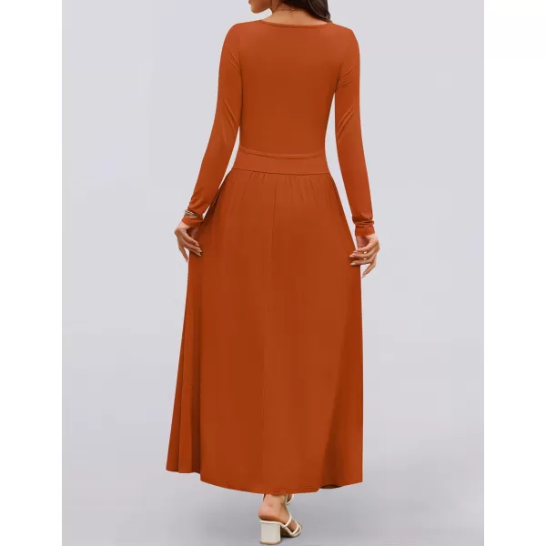 imageZESICA Womens Long Sleeve Maxi Dress 2024 Fall Crewneck Knit Casual Slim Swing Pleated Dresses with PocketsRust