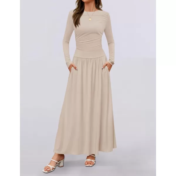 imageZESICA Womens Long Sleeve Maxi Dress 2024 Fall Crewneck Knit Casual Slim Swing Pleated Dresses with PocketsSand