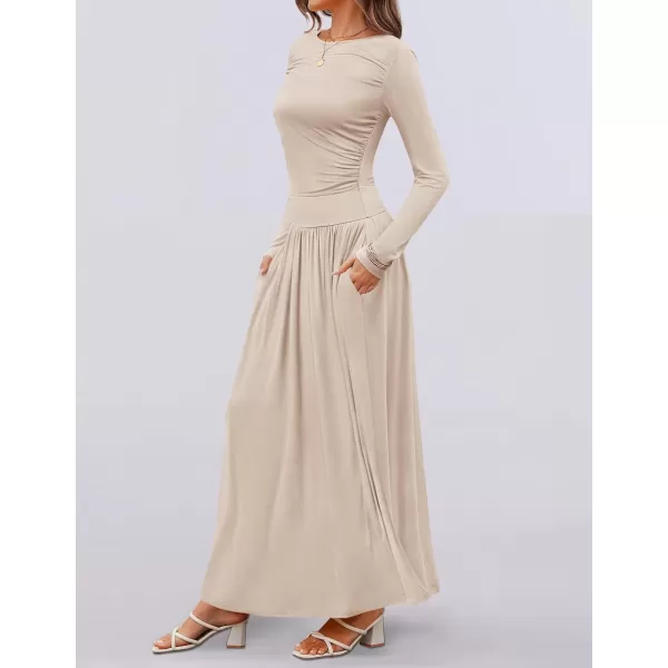 imageZESICA Womens Long Sleeve Maxi Dress 2024 Fall Crewneck Knit Casual Slim Swing Pleated Dresses with PocketsSand