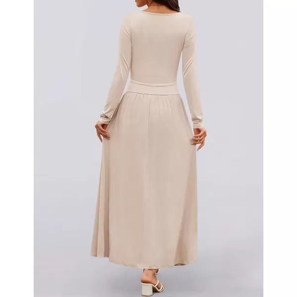 imageZESICA Womens Long Sleeve Maxi Dress 2024 Fall Crewneck Knit Casual Slim Swing Pleated Dresses with PocketsSand