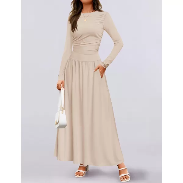 imageZESICA Womens Long Sleeve Maxi Dress 2024 Fall Crewneck Knit Casual Slim Swing Pleated Dresses with PocketsSand