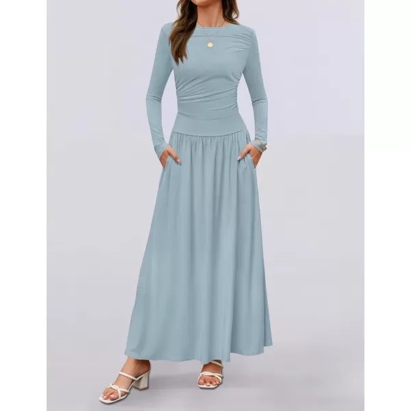 imageZESICA Womens Long Sleeve Maxi Dress 2024 Fall Crewneck Knit Casual Slim Swing Pleated Dresses with PocketsSky
