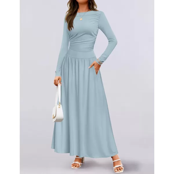 imageZESICA Womens Long Sleeve Maxi Dress 2024 Fall Crewneck Knit Casual Slim Swing Pleated Dresses with PocketsSky