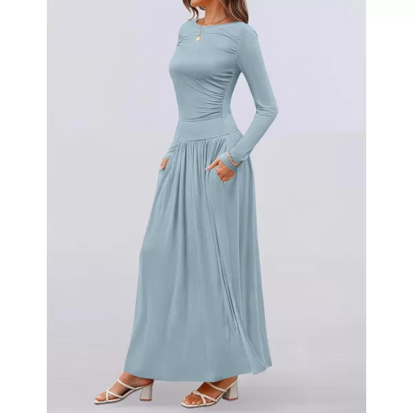 imageZESICA Womens Long Sleeve Maxi Dress 2024 Fall Crewneck Knit Casual Slim Swing Pleated Dresses with PocketsSky