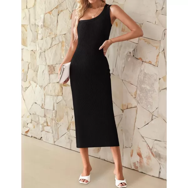 imageZESICA Womens One Shoulder Sleeveless Dresses 2024 Summer Slim Fit Ribbed Knit Back Slit Midi Bodycon Sweater DressBlack