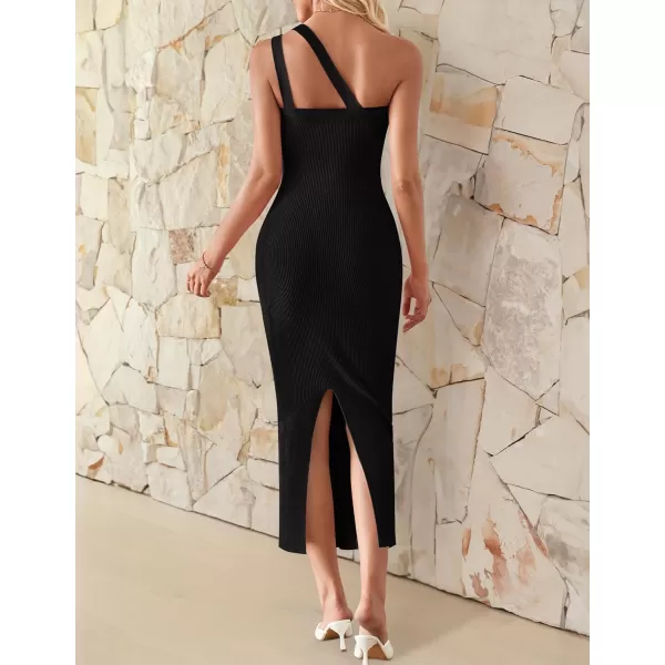 imageZESICA Womens One Shoulder Sleeveless Dresses 2024 Summer Slim Fit Ribbed Knit Back Slit Midi Bodycon Sweater DressBlack