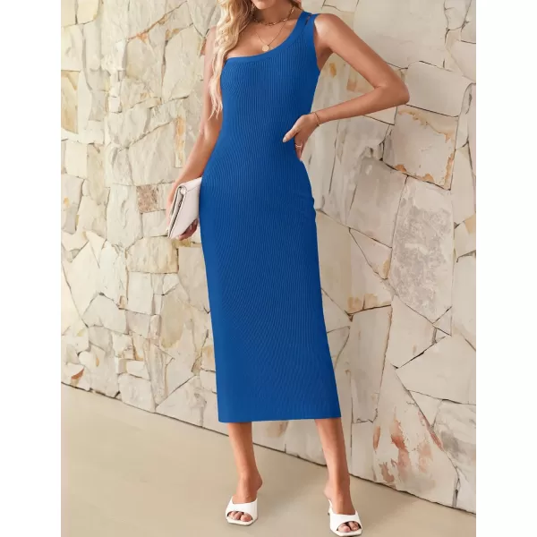 imageZESICA Womens One Shoulder Sleeveless Dresses 2024 Summer Slim Fit Ribbed Knit Back Slit Midi Bodycon Sweater DressBlue