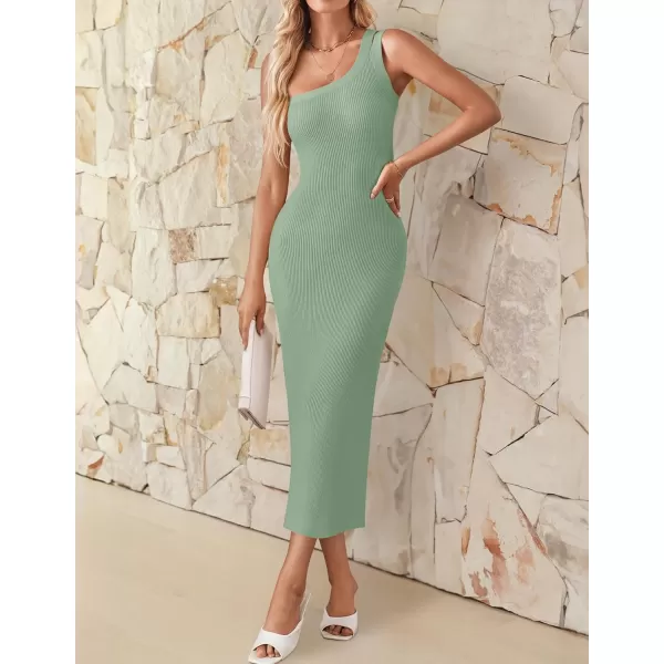 imageZESICA Womens One Shoulder Sleeveless Dresses 2024 Summer Slim Fit Ribbed Knit Back Slit Midi Bodycon Sweater DressLight Green