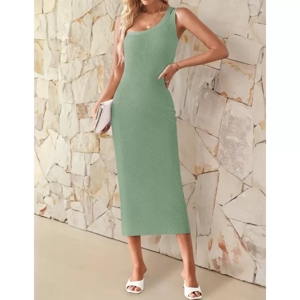 imageZESICA Womens One Shoulder Sleeveless Dresses 2024 Summer Slim Fit Ribbed Knit Back Slit Midi Bodycon Sweater DressLight Green