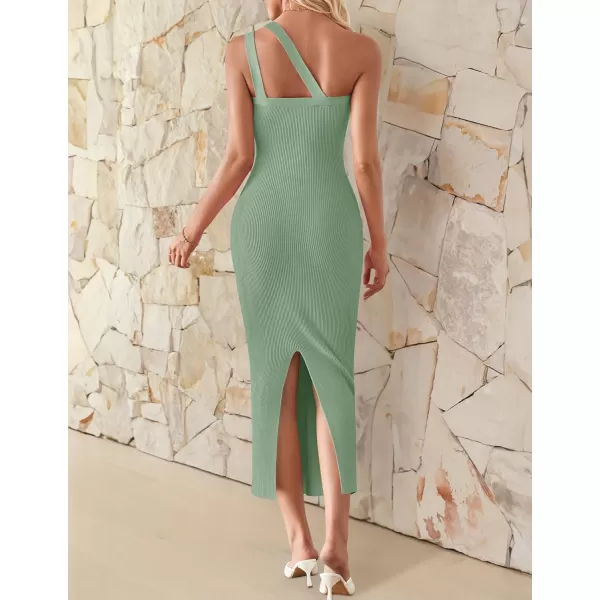 imageZESICA Womens One Shoulder Sleeveless Dresses 2024 Summer Slim Fit Ribbed Knit Back Slit Midi Bodycon Sweater DressLight Green