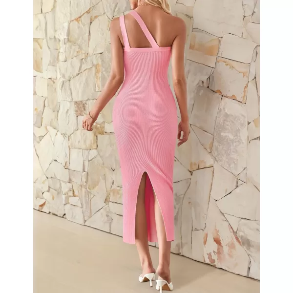 imageZESICA Womens One Shoulder Sleeveless Dresses 2024 Summer Slim Fit Ribbed Knit Back Slit Midi Bodycon Sweater DressPink