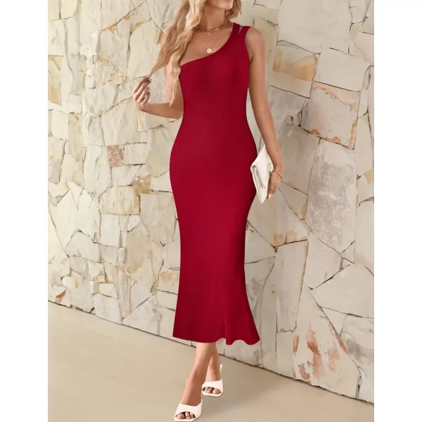 imageZESICA Womens One Shoulder Sleeveless Dresses 2024 Summer Slim Fit Ribbed Knit Back Slit Midi Bodycon Sweater DressRed