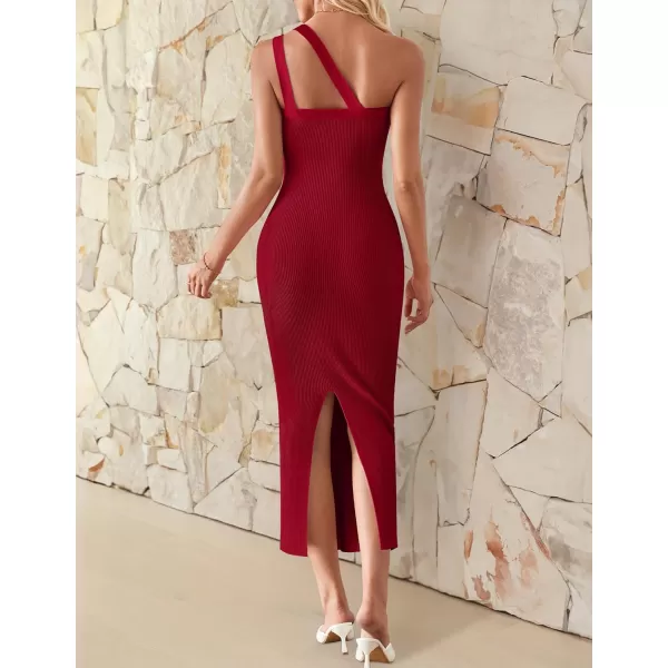 imageZESICA Womens One Shoulder Sleeveless Dresses 2024 Summer Slim Fit Ribbed Knit Back Slit Midi Bodycon Sweater DressRed