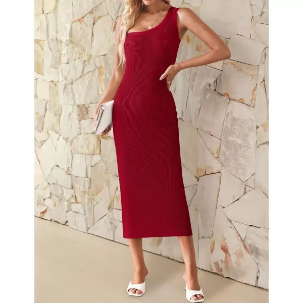 imageZESICA Womens One Shoulder Sleeveless Dresses 2024 Summer Slim Fit Ribbed Knit Back Slit Midi Bodycon Sweater DressRed