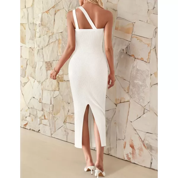 imageZESICA Womens One Shoulder Sleeveless Dresses 2024 Summer Slim Fit Ribbed Knit Back Slit Midi Bodycon Sweater DressWhite