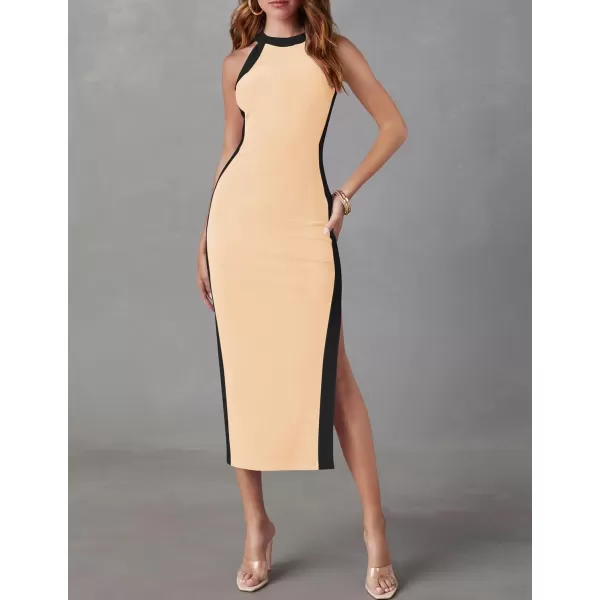 imageZESICA Womens Summer Bodycon Midi Dress Crew Neck Sleeveless Side Slit Slim Sexy Knit Tank DressesApricot