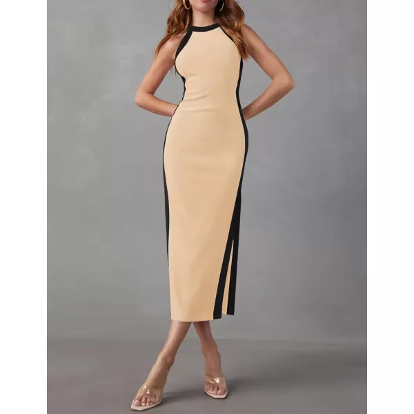 imageZESICA Womens Summer Bodycon Midi Dress Crew Neck Sleeveless Side Slit Slim Sexy Knit Tank DressesApricot