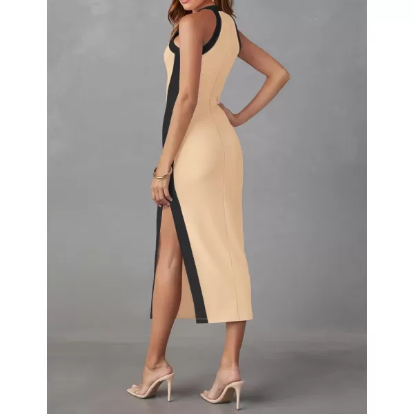 imageZESICA Womens Summer Bodycon Midi Dress Crew Neck Sleeveless Side Slit Slim Sexy Knit Tank DressesApricot