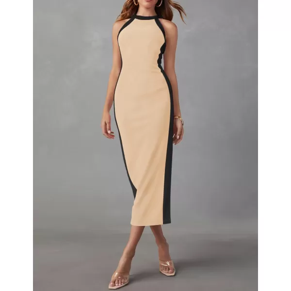 imageZESICA Womens Summer Bodycon Midi Dress Crew Neck Sleeveless Side Slit Slim Sexy Knit Tank DressesApricot