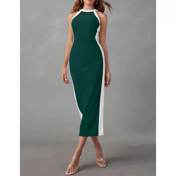 imageZESICA Womens Summer Bodycon Midi Dress Crew Neck Sleeveless Side Slit Slim Sexy Knit Tank DressesDarkgreen