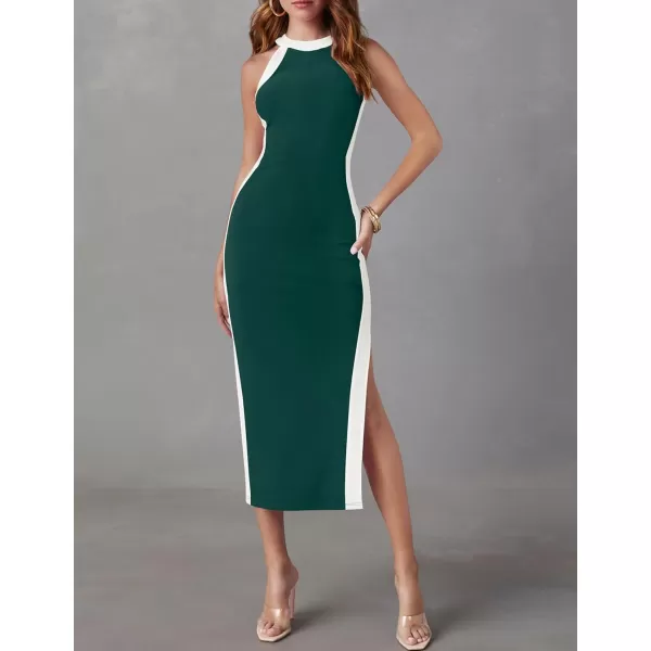 imageZESICA Womens Summer Bodycon Midi Dress Crew Neck Sleeveless Side Slit Slim Sexy Knit Tank DressesDarkgreen