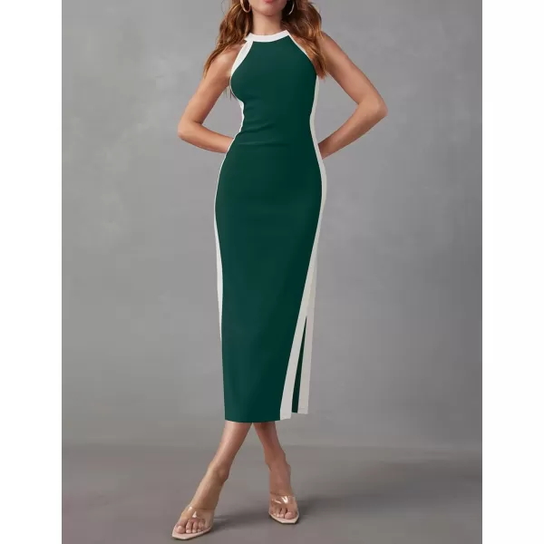 imageZESICA Womens Summer Bodycon Midi Dress Crew Neck Sleeveless Side Slit Slim Sexy Knit Tank DressesDarkgreen