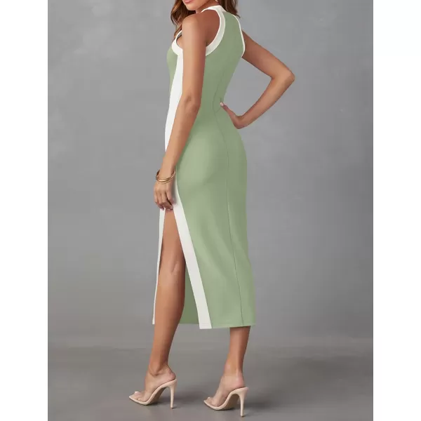 imageZESICA Womens Summer Bodycon Midi Dress Crew Neck Sleeveless Side Slit Slim Sexy Knit Tank DressesGreen