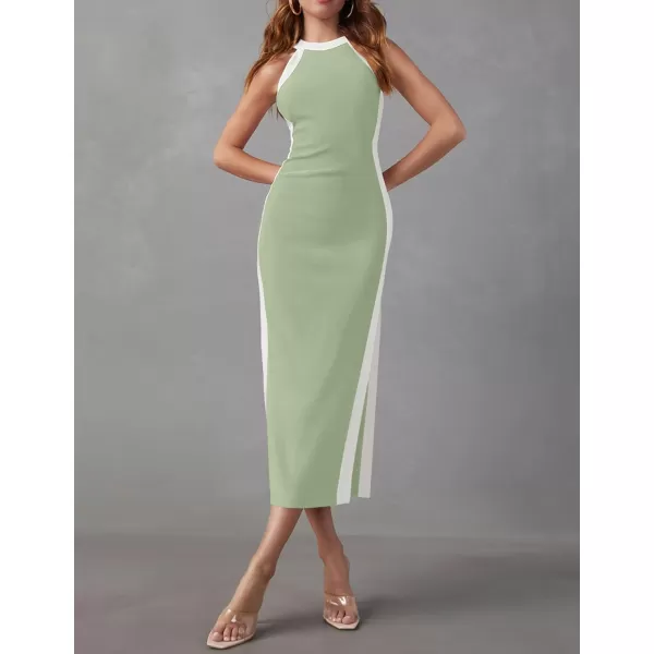 imageZESICA Womens Summer Bodycon Midi Dress Crew Neck Sleeveless Side Slit Slim Sexy Knit Tank DressesGreen