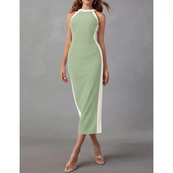 imageZESICA Womens Summer Bodycon Midi Dress Crew Neck Sleeveless Side Slit Slim Sexy Knit Tank DressesGreen